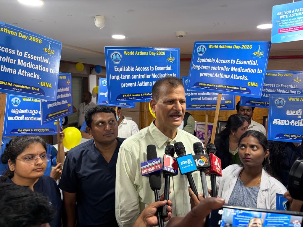 Indoor World Asthma Day 2026 press briefing with Swasa team and placards